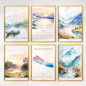 Aquarell Nepal Prints 6er Set, bunte Nepal Poster, Nepal Wandkunst, Nepal Geschenk, Nepal Karte, Nepal