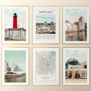 Conjunto de 6 impresiones de la ciudad de Milwaukee, pósteres fotográficos de Milwaukee, mapa de Milwaukee, arte mural de Milwaukee, fotografía de Milwaukee, Wisconsin, Estados Unidos