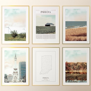 Conjunto de 6 impressões do estado de Indiana, fotos de pôsteres de Indiana, mapa de Indiana, arte de parede de Indiana, fotografia de Indiana, Estados Unidos