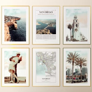 Conjunto de 6 impresiones de la ciudad de San Diego, póster fotográfico de San Diego, mapa de San Diego, fotografía de San Diego, California, Estados Unidos