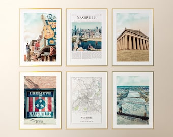 Op de afbeelding: Zes ingelijste kunstdrukken met Nashville, Tennessee. Afbeeldingen omvatten een gitaar-bord, skyline, Parthenon-replica, een muurschildering met de tekst "I Believe in Nashville", een stadsplattegrond en een brug over water.