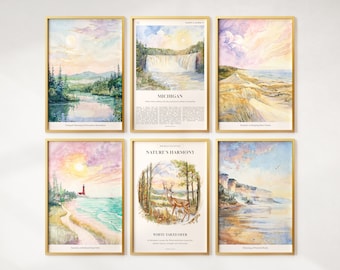 Aquarel Michigan prints set van 6, kleurrijke Michigan posters, witstaarthert, Michigan Wall Art, Michigan cadeau, Verenigde Staten