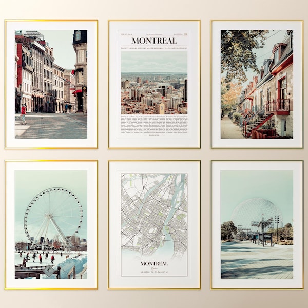 Montreal wordt afgedrukt, set van 6, posterfoto's Montreal, kaart Montreal, muurkunst Montreal, fotografie Montreal, kunst Quebec