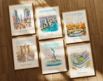 New York City Watercolor Prints Gallery Wall, Colorful New York City Painting Posters, New York City Gift, New York, United States