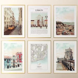 Conjunto de 6 impressões da cidade de Lisboa, fotos de pôsteres de Lisboa, mapa de Lisboa, arte de parede de Lisboa, fotografia de Lisboa, Portugal