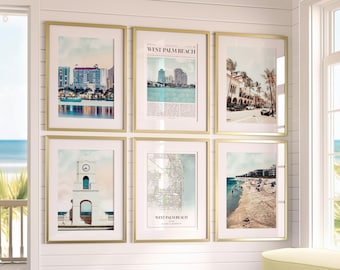 May include: Six framed art prints with gold frames are displayed on a white wall. The prints feature images of West Palm Beach, including cityscapes, a map, and beach scenes. The art has a coastal theme.