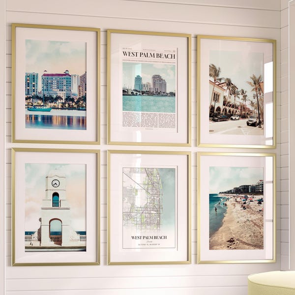 West Palm Beach Prints Set of 6, West Palm Beach Poster Photos, West Palm Beach Map, West Palm Beach Wall Art, Florida Art