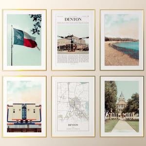 Conjunto de 6 impressões da cidade de Denton, pôsteres de fotos de Denton, mapa de Denton, arte de parede de Denton, fotografia de Denton, Texas, Estados Unidos