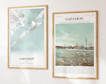 Galveston City Prints Set of 2, Galveston Map, Galveston Poster Photo, Galveston Wall Art, Galveston Photography, Texas, United States