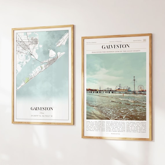 Galveston City Prints Set of 2, Galveston Map, Galveston Poster Photo, Galveston Wall Art, Galveston Photography, Texas, United States