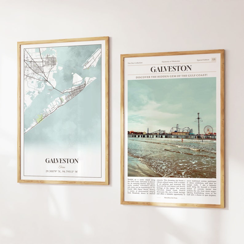 Lot de 2 impressions sur la ville de Galveston, carte de Galveston, affiche photo de Galveston, art mural Galveston, photographie de Galveston, Texas, États-Unis image 1