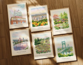 Portland OR Watercolor Prints Gallery Wall, Colorful Portland Painting Posters, Portland Wall Art, Portland Gift, Oregon, United States