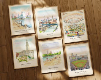 Cleveland OH Watercolor Prints Gallery Wall, Colorful Cleveland Painting Posters, Cleveland Wall Art, Cleveland Gift, Ohio, United States