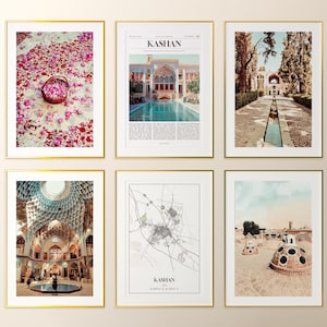 May include: Six framed art prints with gold frames. The prints feature images of Kashan, Iran, including a pool, a map, and architectural details. One print shows a basket of pink flowers.