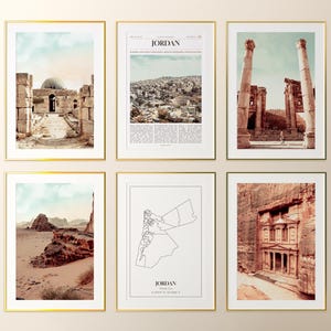 Conjunto de 6 impressões da Jordânia, pôsteres fotográficos da Jordânia, mapa da Jordânia, arte de parede da Jordânia, fotografia da Jordânia, Jordânia