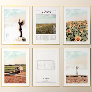 Conjunto de 6 impresiones del estado de Kansas, póster fotográfico de Kansas, mapa de Kansas, galería de arte mural de Kansas, fotografía de Kansas, Estados Unidos