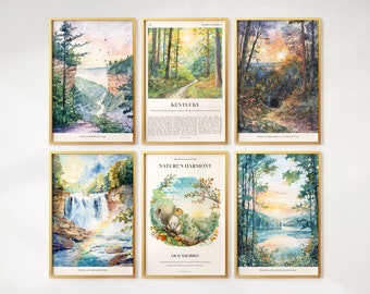 May include: Six watercolor paintings of nature scenes in Kentucky. The paintings feature a waterfall, a river, a forest path, a sunset, and a gray squirrel. The paintings are framed in gold frames and have a white background.