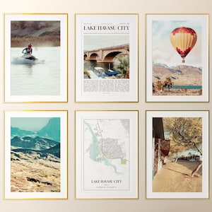 Conjunto de 6 impressões da cidade de Lake Havasu, fotos de pôsteres da cidade de Lake Havasu, mapa da cidade de Lake Havasu, fotografia da cidade de Lake Havasu, Arizona, Estados Unidos