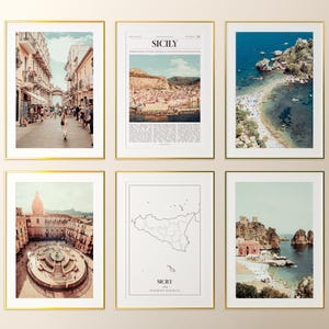 Conjunto de 6 impressões da Sicília, pôsteres fotográficos da Sicília, mapa da Sicília, arte de parede da Sicília, fotografia da Sicília, Itália