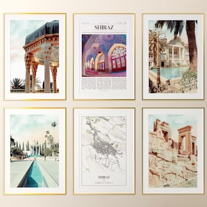 Conjunto de 6 impressões da cidade de Shiraz, fotos de pôster de Shiraz, mapa de Shiraz, arte de parede de Shiraz, fotografia de Shiraz, Irã