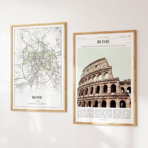 Roma City Prints Set de 2, Mapa de Roma, Foto del cartel de Roma, Arte de la pared de Roma, Fotografía de Roma, Italia