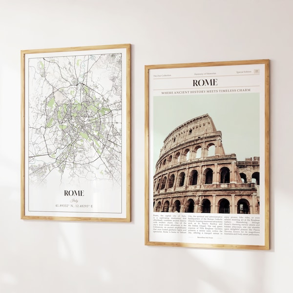 Rome City Prints Set of 2, Rome Map, Rome Poster Photo, Rome Wall Art, Rome Photography, Italy