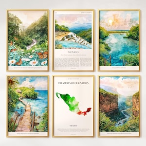 Può includere: Sei stampe incorniciate ad acquerello raffiguranti paesaggi messicani. Le stampe mostrano scene della natura, tra cui una foresta, cascate, una laguna, un molo di legno, una mappa del Messico e un canyon. Ogni stampa è in una cornice dorata.