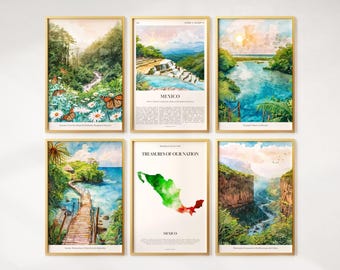 Juego de 6 impresiones en acuarela de México, pósteres coloridos de México, arte mural de México, regalo de México, mapa de México.