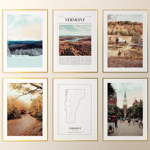 Conjunto de 6 impresiones del estado de Vermont, pósteres fotográficos de Vermont, mapa de Vermont, arte mural de Vermont, fotografía de Vermont, Estados Unidos