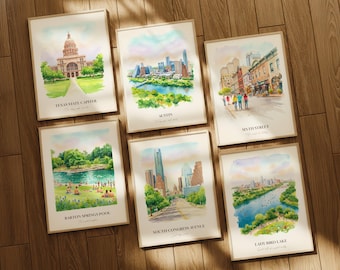 Austin TX Watercolor Prints Gallery Wall, Colorful Austin Painting Posters, Austin Wall Art, Austin Gift, Texas, United States