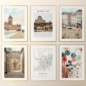 Conjunto de 6 impressões da Cidade de Quebec, fotos de pôsteres da Cidade de Quebec, mapa da Cidade de Quebec, arte de parede da Cidade de Quebec, fotografia da Cidade de Quebec, Quebec, Canadá