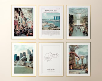 Singapore Prints Set of 6, Singapore Poster Photos, Singapore Map, Singapore Wall Art, Singapore Photography