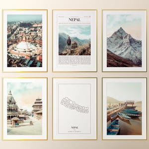 Conjunto de 6 impressões do Nepal, pôster fotográfico do Nepal, mapa do Nepal, galeria de arte de parede do Nepal, fotografia do Nepal, Nepal