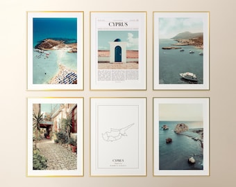 Conjunto de 6 pôsteres com fotos de Chipre, mapa de Chipre, arte de parede de Chipre, fotografia de Chipre.