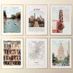Austin City Prints 6er-Set, Austin Fotoposter, Austin Karte, Austin Wall Art Gallery, Austin Photography, Texas, USA