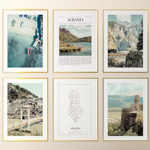 Conjunto de 6 impressões da Albânia, pôsteres fotográficos da Albânia, mapa da Albânia, arte de parede da Albânia, fotografia da Albânia, Albânia