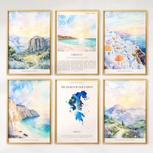 Aquarell Griechenland Prints 6er Set, bunte Griechenland Poster, Griechenland Wandkunst, Griechenland Geschenk, Griechenland Karte, Griechenland