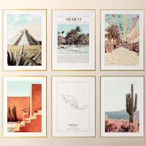 Conjunto de 6 impressões do México, pôster fotográfico do México, mapa do México, galeria de arte de parede do México, fotografia do México, México