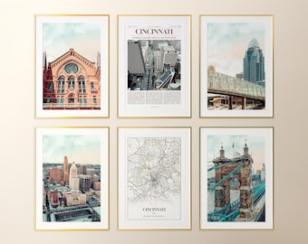 Cincinnati Prints Set of 6, Cincinnati Poster Photos, Cincinnati Map, Cincinnati Wall Art, Cincinnati Photography, Ohio Art