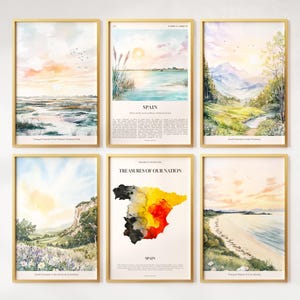 Juego de 6 impresiones en acuarela de España, pósteres coloridos de España, arte mural de España, regalo de España, mapa de España, España