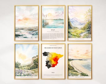 Watercolor Spain Prints Set of 6, Colorful Spain Posters, Spain Wall Art, Spain Gift, Spain Map, Spain