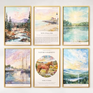 Aquarel New England prints set van 6, kleurrijke New England posters, New England muurkunst, New England cadeau, Verenigde Staten