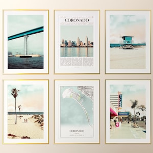 Conjunto de 6 impresiones de la ciudad de Coronado, fotos de pósteres de Coronado, mapa de Coronado, arte mural de Coronado, fotografía de Coronado, California, Estados Unidos