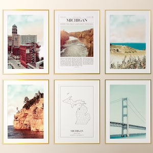 Conjunto de 6 impresiones del estado de Michigan, póster fotográfico de Michigan, mapa de Michigan, galería de arte mural de Michigan, fotografía de Michigan, Estados Unidos