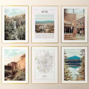 Conjunto de 6 impressões da cidade de Bend, fotos de pôster de Bend, mapa de Bend, arte de parede de Bend, fotografia de Bend, Oregon, Estados Unidos