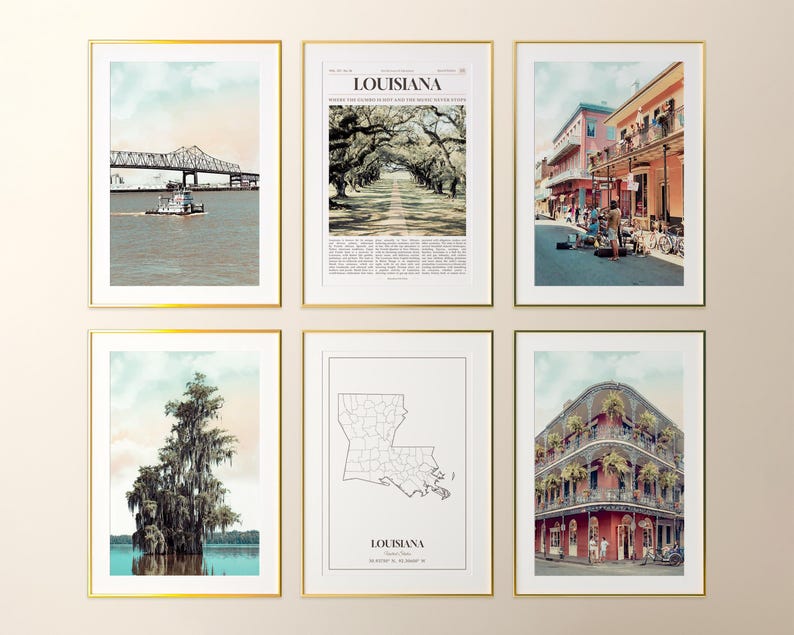 May include: Six framed art prints with gold frames. The prints feature Louisiana landmarks, including a bridge, a street with trees, a street scene, a tree in water, a map, and a building. The prints have a vintage aesthetic.