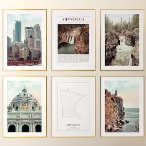 Conjunto de 6 láminas del estado de Minnesota, póster fotográfico de Minnesota, mapa de Minnesota, galería de arte mural de Minnesota, fotografía de Minnesota, Estados Unidos
