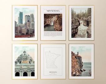 Minnesota State Prints Set of 6, Minnesota Photo Poster, Minnesota Map, Minnesota Wall Art Gallery, Minnesota Photography, United States