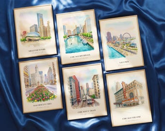 Chicago IL Watercolor Prints Gallery Wall, Colorful Chicago Painting Posters, Chicago Wall Art, Chicago Gift, Illinois, United States