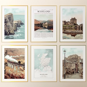 Conjunto de 6 impressões da Escócia, pôsteres fotográficos da Escócia, mapa da Escócia, arte de parede da Escócia, fotografia da Escócia, Escócia